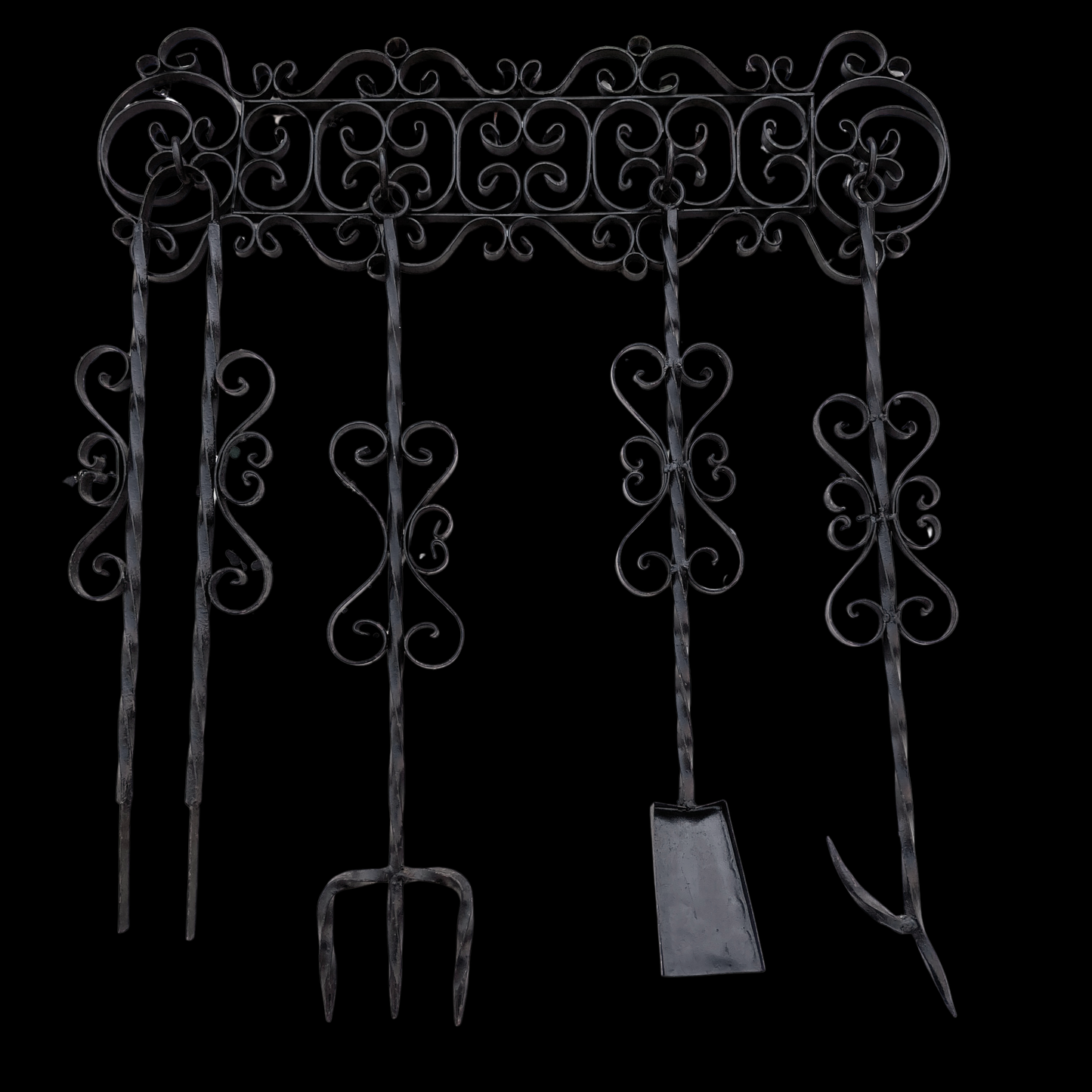1950s Wrought Iron Fireplace Tool Set Wall Hanger