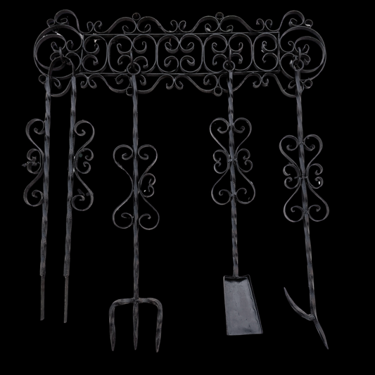 1950s Wrought Iron Fireplace Tool Set Wall Hanger