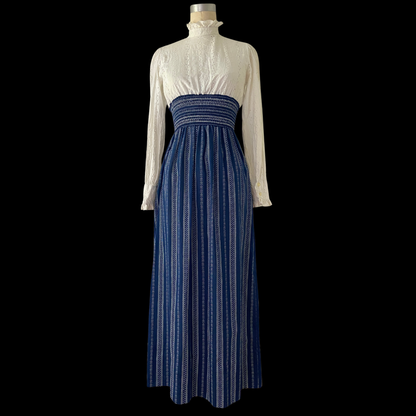 1960s 1970s Cotton Eyelet Lace Maxi Dress White Blue