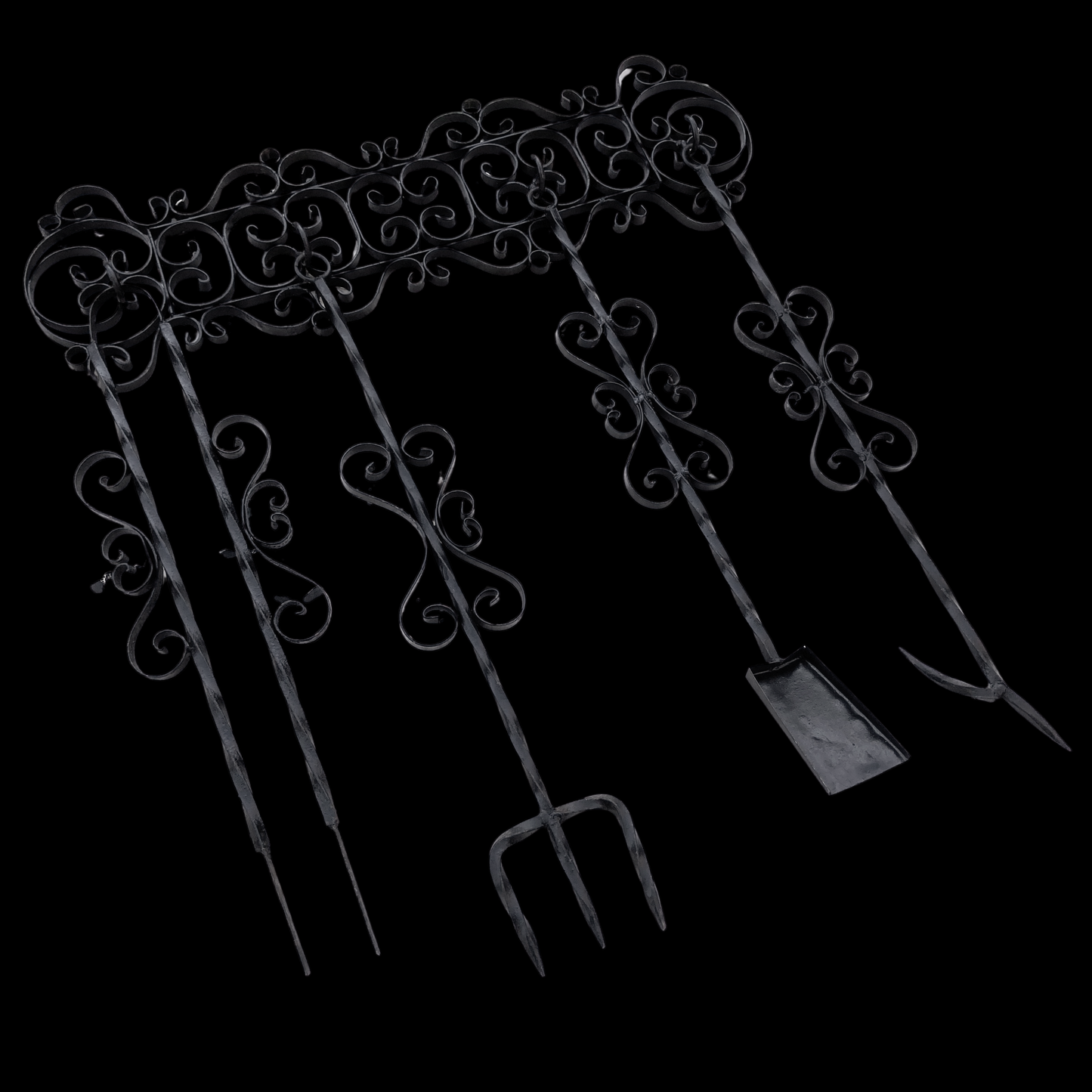 1950s Wrought Iron Fireplace Tool Set Wall Hanger