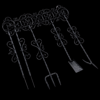 1950s Wrought Iron Fireplace Tool Set Wall Hanger