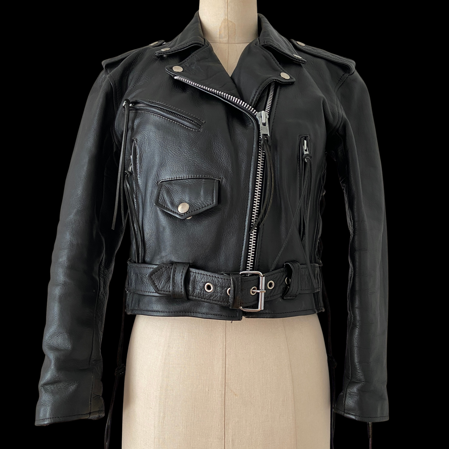 1980s 1990s Cropped Leather Biker Motorcycle Jacket