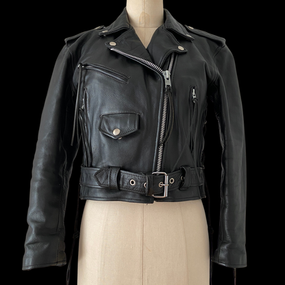 1980s 1990s Cropped Leather Biker Motorcycle Jacket