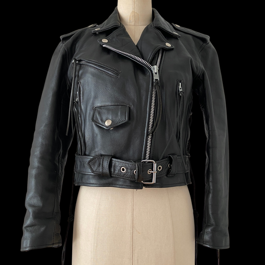 1980s 1990s Cropped Leather Biker Motorcycle Jacket