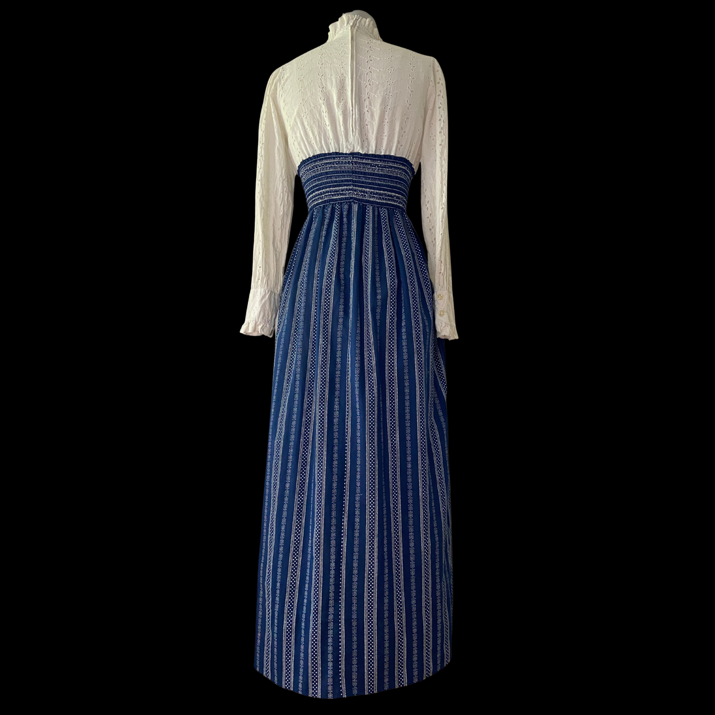 1960s 1970s Cotton Eyelet Lace Maxi Dress White Blue