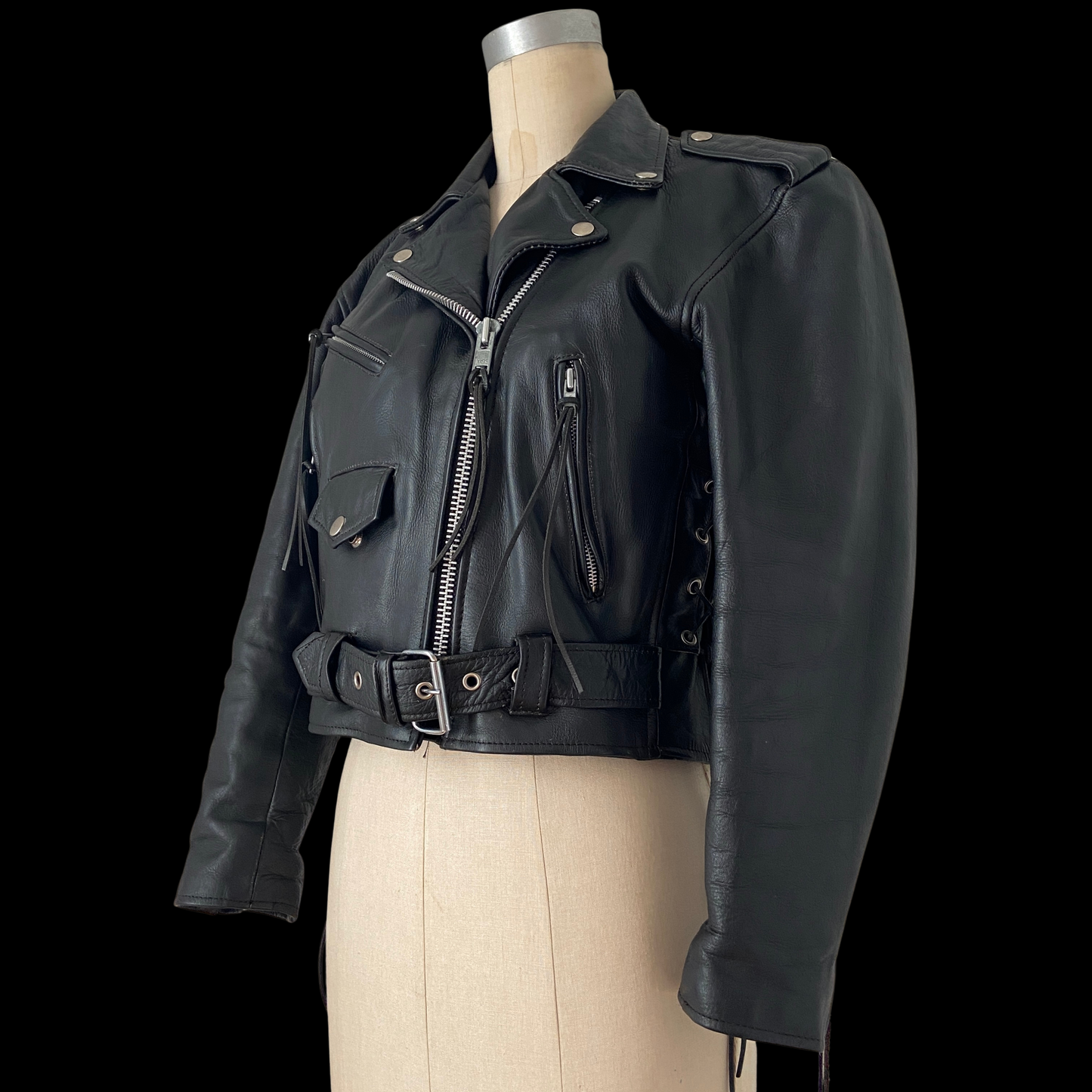 1980s 1990s Cropped Leather Biker Motorcycle Jacket