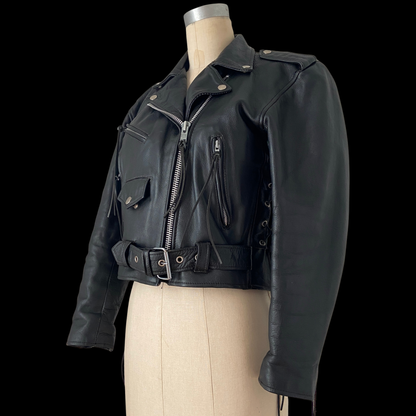 1980s 1990s Cropped Leather Biker Motorcycle Jacket