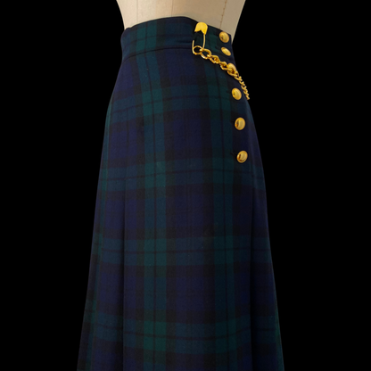 1980s Escada Plaid Wool Kilt Skirt with Gold Hardware