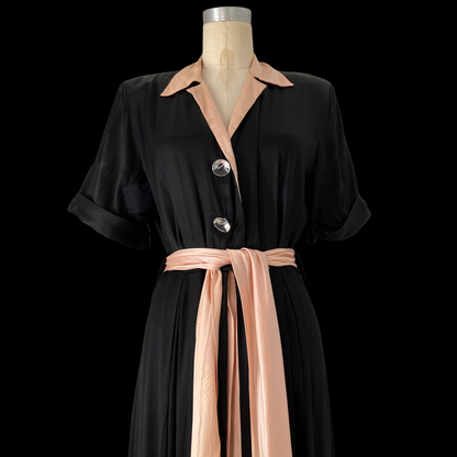 1940s Pink & Black Satin Rayon Dressing Gown
