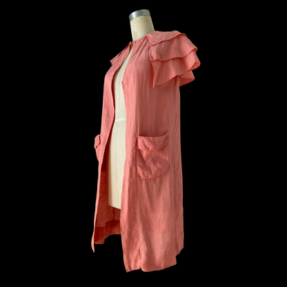 1920s Pink Linen Duster with Ruffle Collar