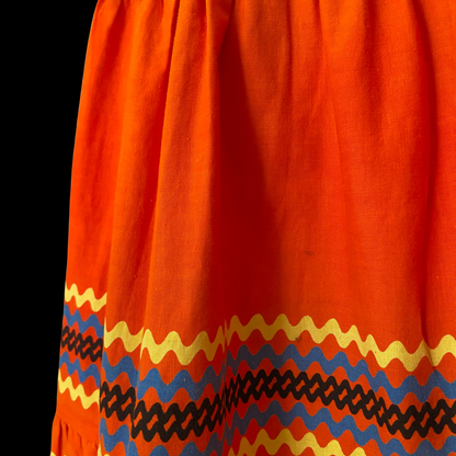 1940s Orange Cotton Skirt Ric Rac Chain Stitch Print