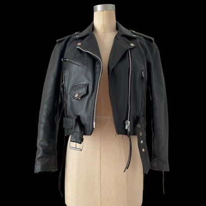 1980s 1990s Cropped Leather Biker Motorcycle Jacket