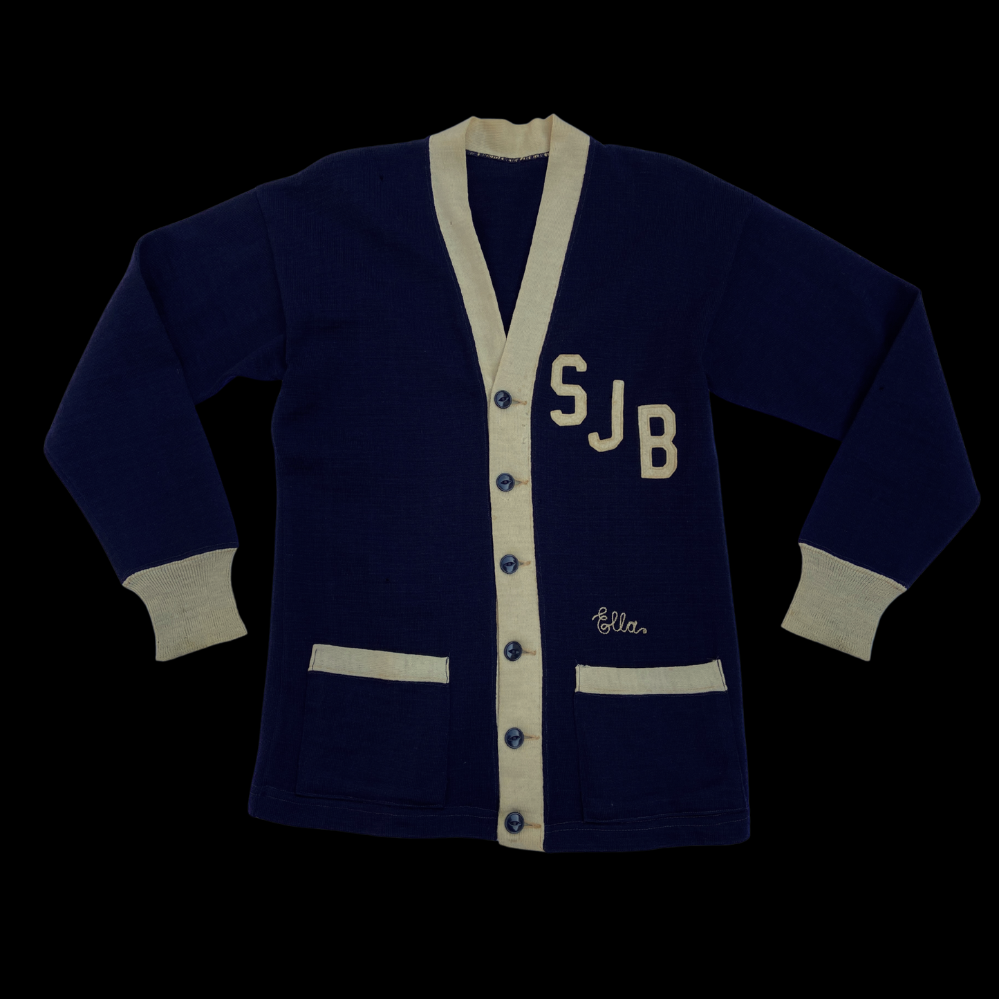 1940s Chainstitch Letterman Wool Cardigan Blue and Cream