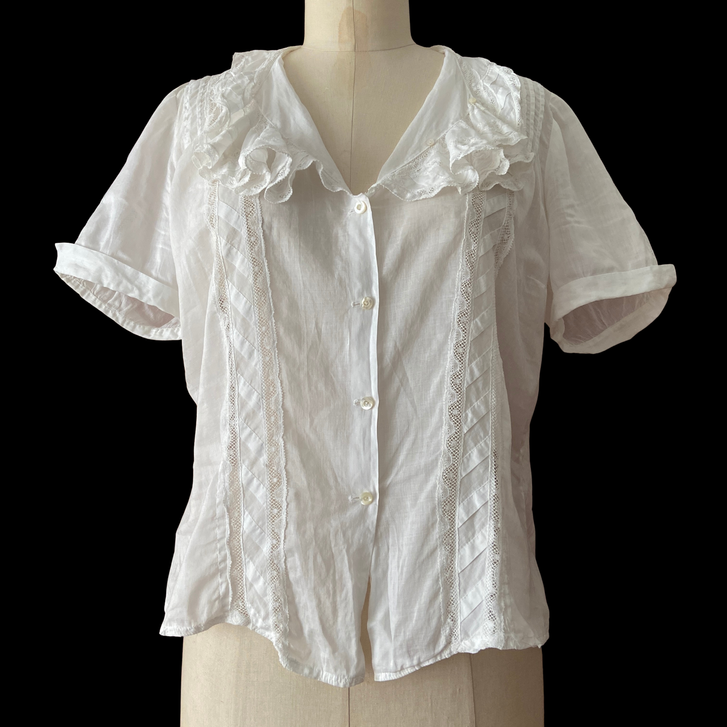 1930s White Cotton Gauze and Lace Blouse