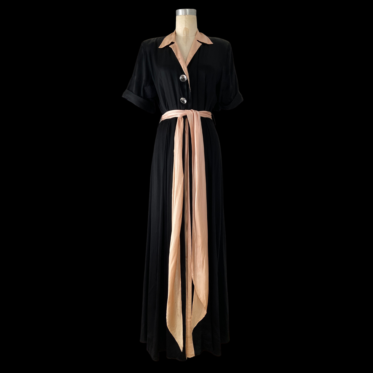 1940s Pink & Black Satin Rayon Dressing Gown