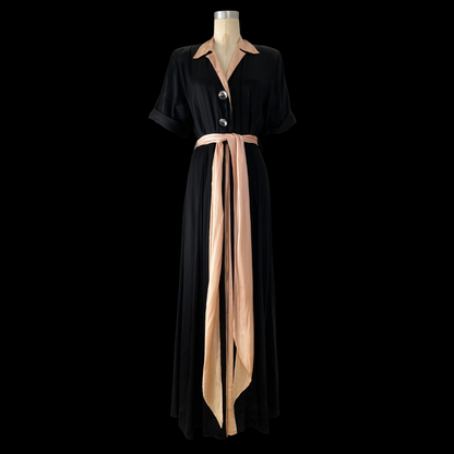 1940s Pink & Black Satin Rayon Dressing Gown