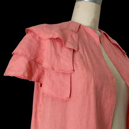 1920s Pink Linen Duster with Ruffle Collar