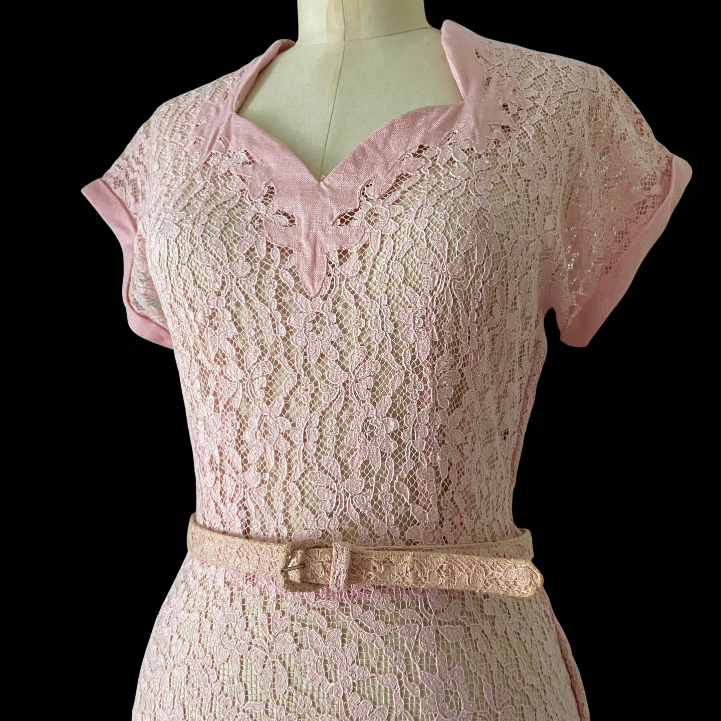 1940s Pink Lace and Linen Dress