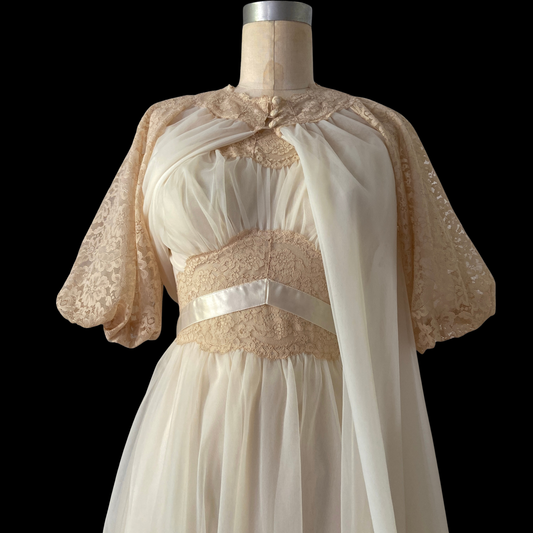 1950s 1960s White Peignoir Set Chiffon Vanity Fair