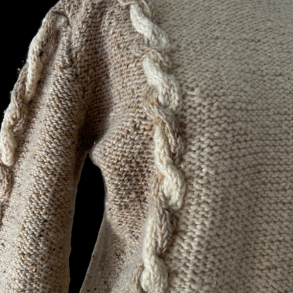 1980s Hand Knit Wool Sweater Cable Knit Cream Gray
