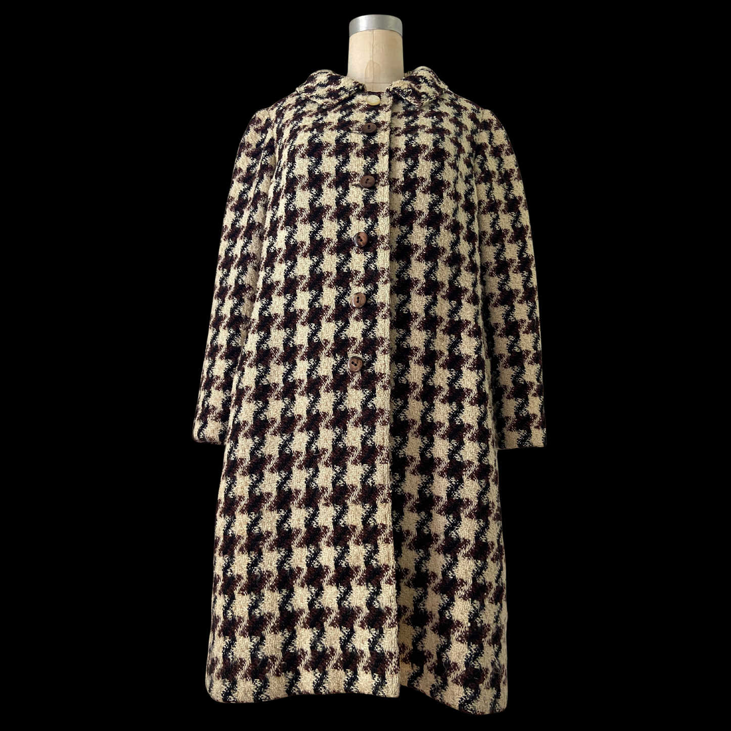 1960s Mod Houndstooth Wool Coat Brown Cream