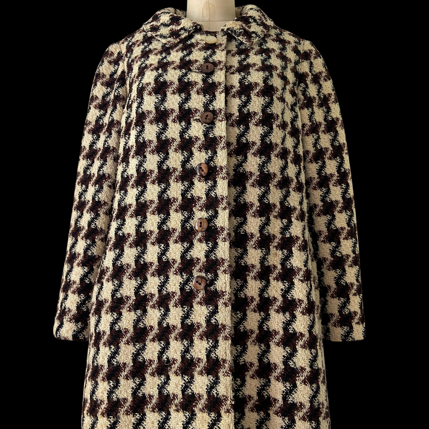 1960s Mod Houndstooth Wool Coat Brown Cream