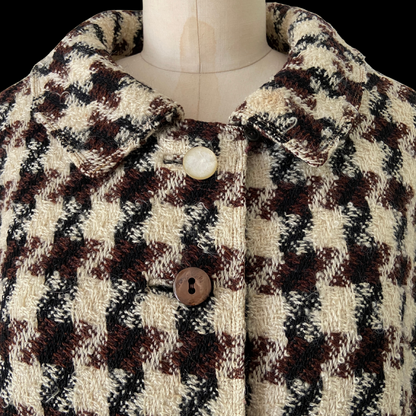 1960s Mod Houndstooth Wool Coat Brown Cream