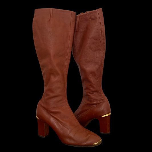 1960s Brown Leather Gogo Boots with Gold Accents