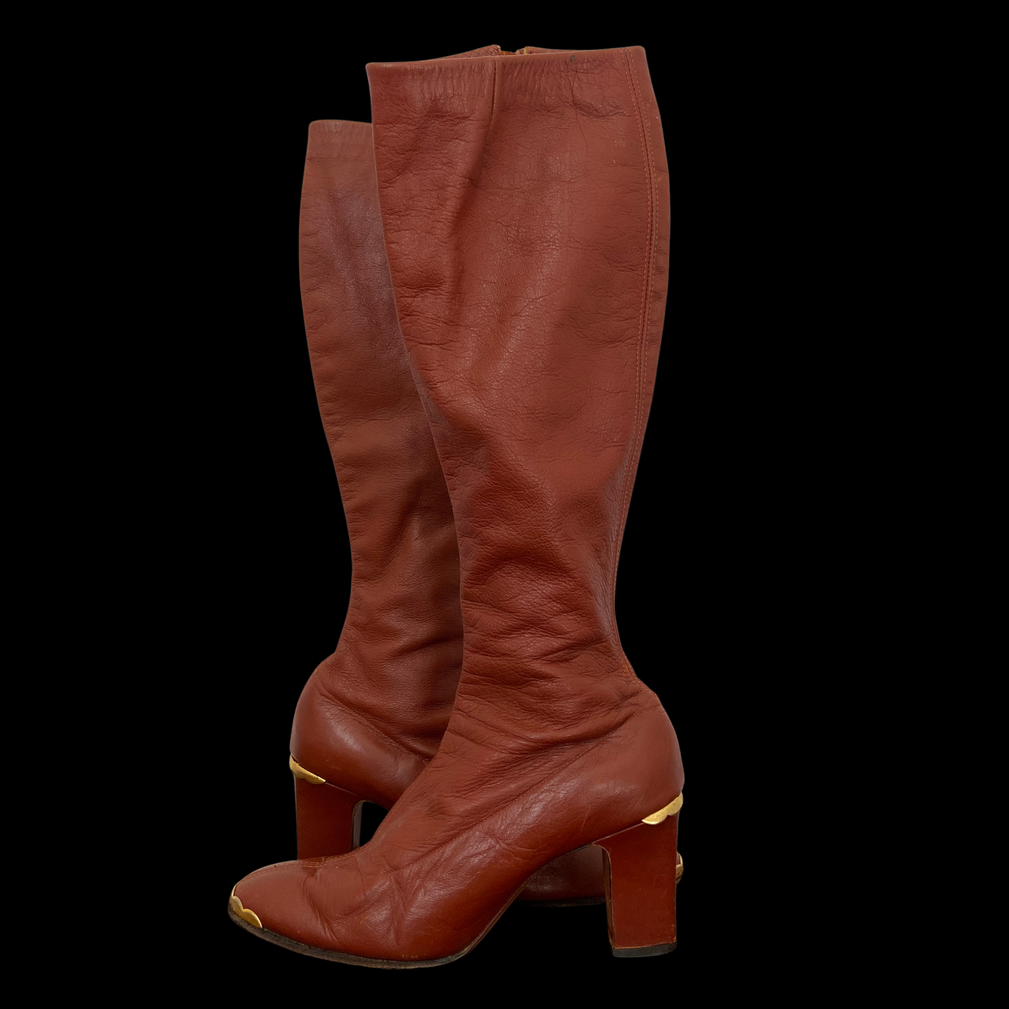1960s Brown Leather Gogo Boots with Gold Accents