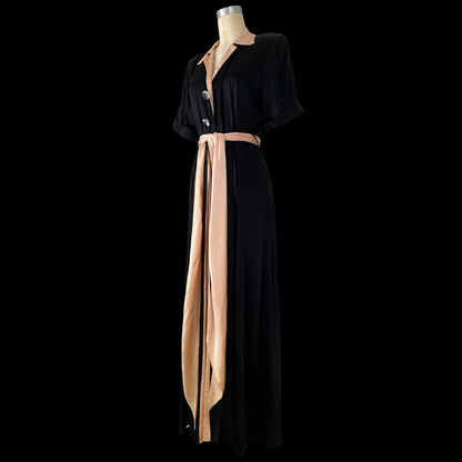 1940s Pink & Black Satin Rayon Dressing Gown