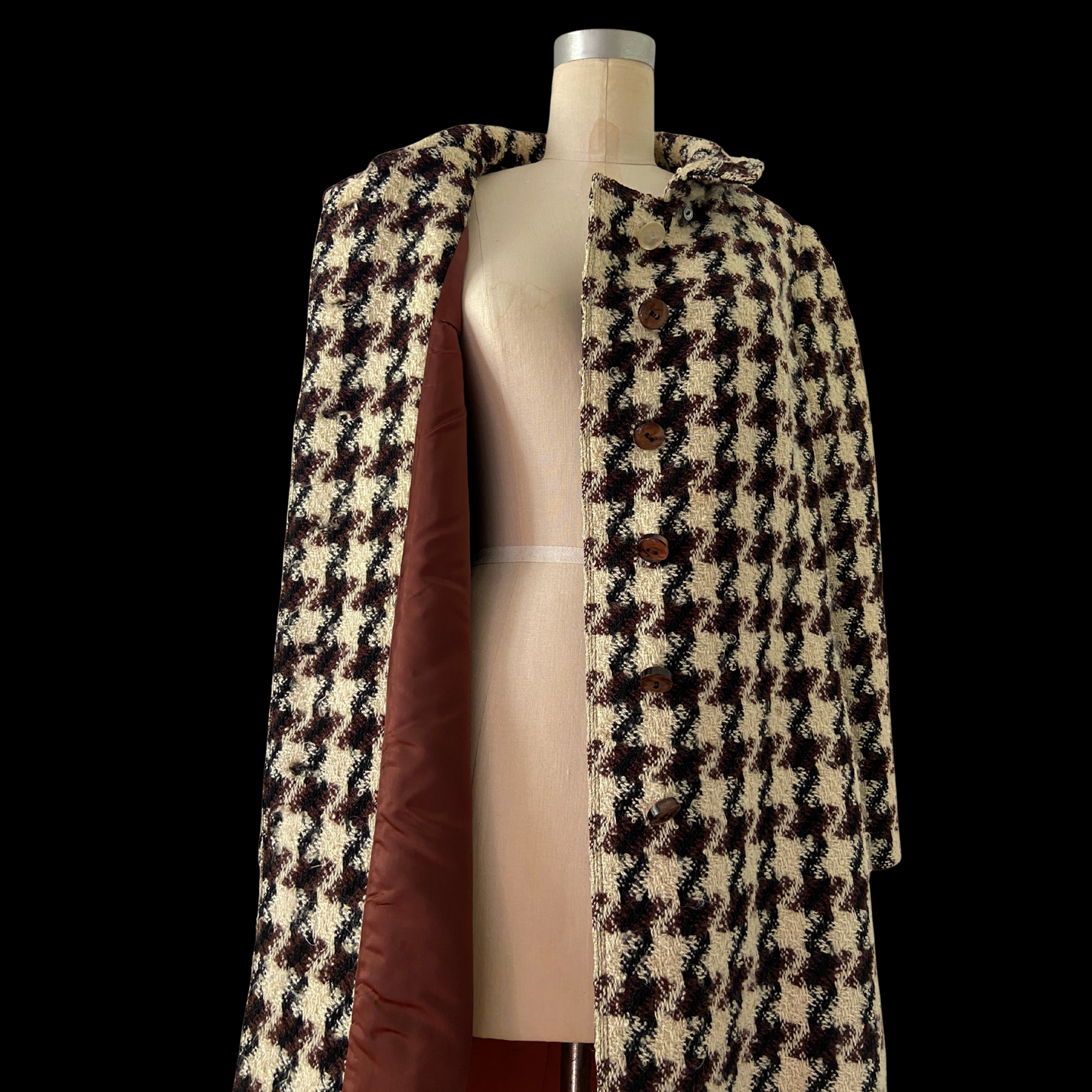 1960s Mod Houndstooth Wool Coat Brown Cream