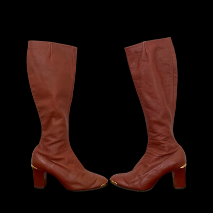 1960s Brown Leather Gogo Boots with Gold Accents