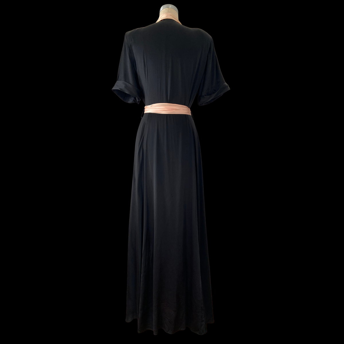1940s Pink & Black Satin Rayon Dressing Gown