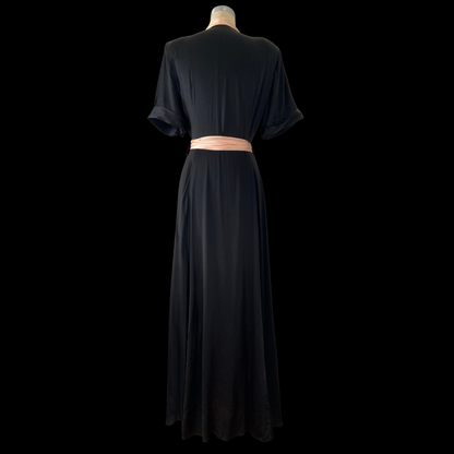 1940s Pink & Black Satin Rayon Dressing Gown