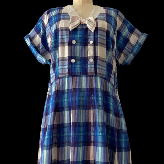 1940s Blue Plaid Cotton Dress