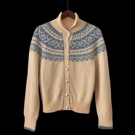 1950s Hand Knit Norwegian Fair Isle Wool Cardigan