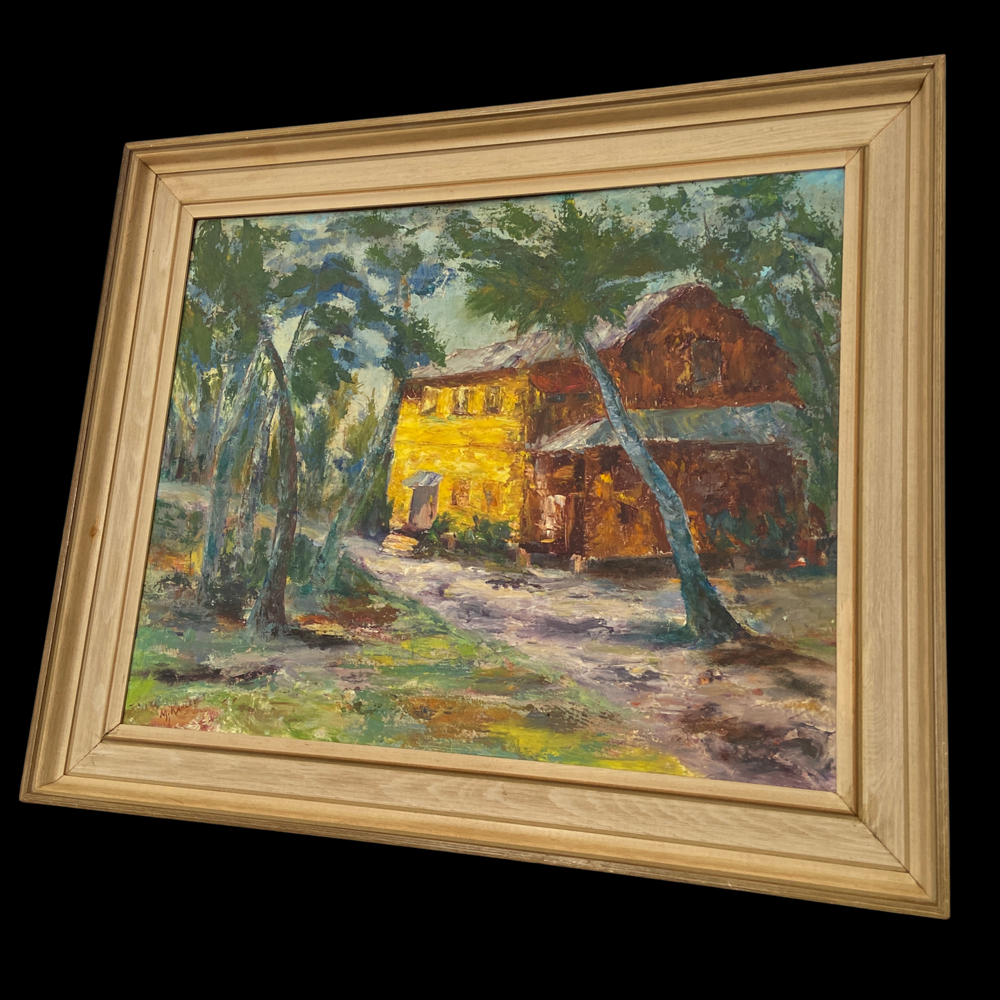 1960s Yellow House Painting in Original Wood Frame