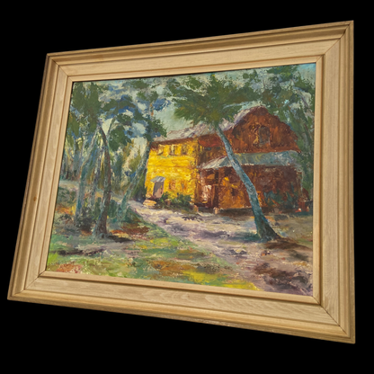 1960s Yellow House Painting in Original Wood Frame