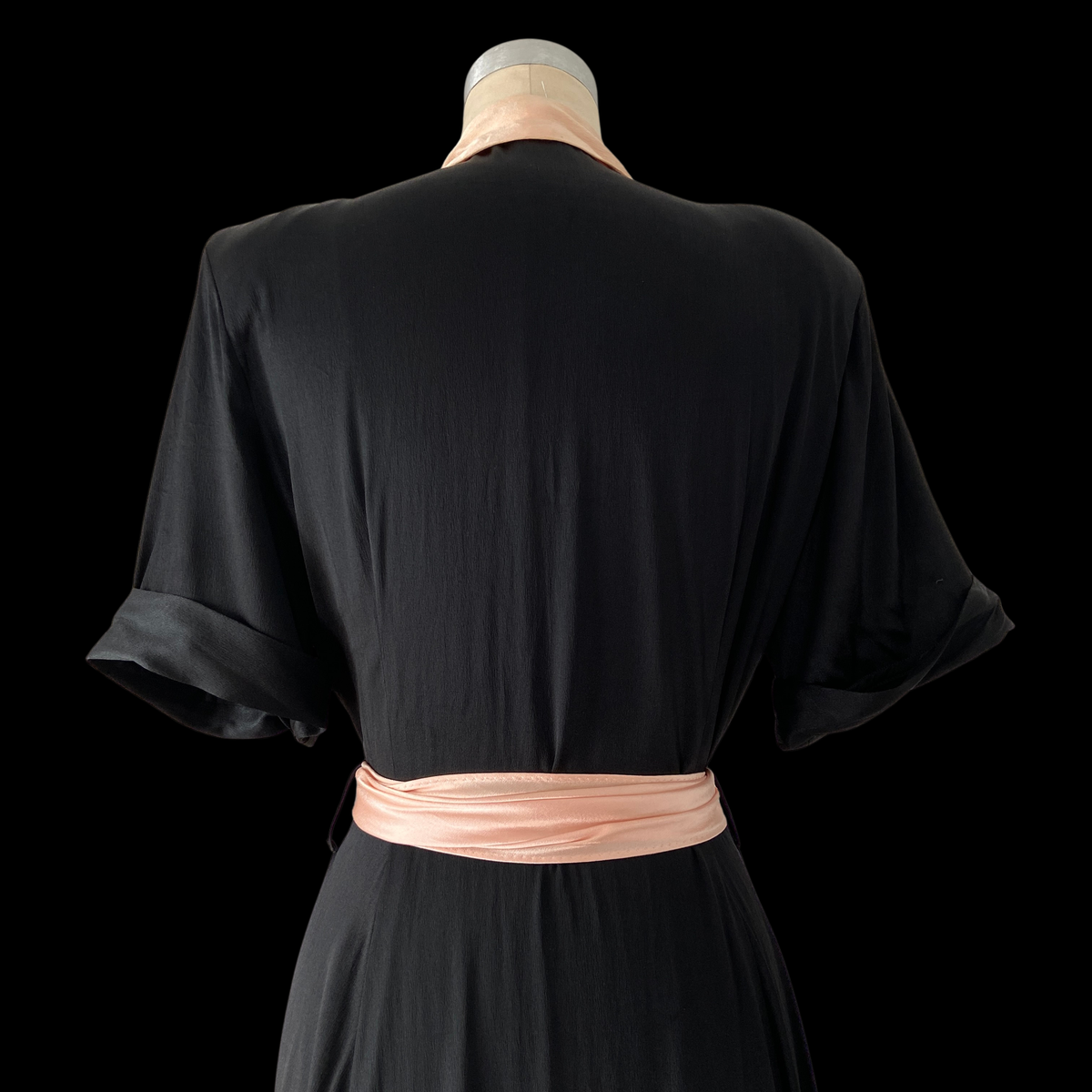 1940s Pink & Black Satin Rayon Dressing Gown