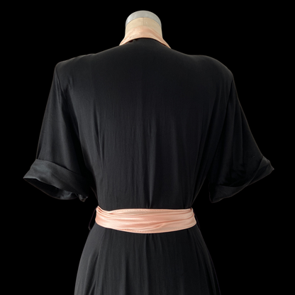 1940s Pink & Black Satin Rayon Dressing Gown