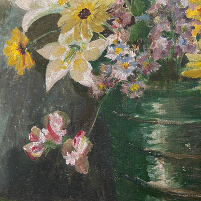1930s Floral Still Life Painting in Original Chippy Paint Frame