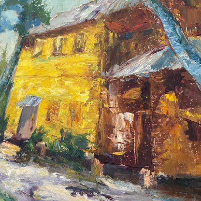 1960s Yellow House Painting in Original Wood Frame