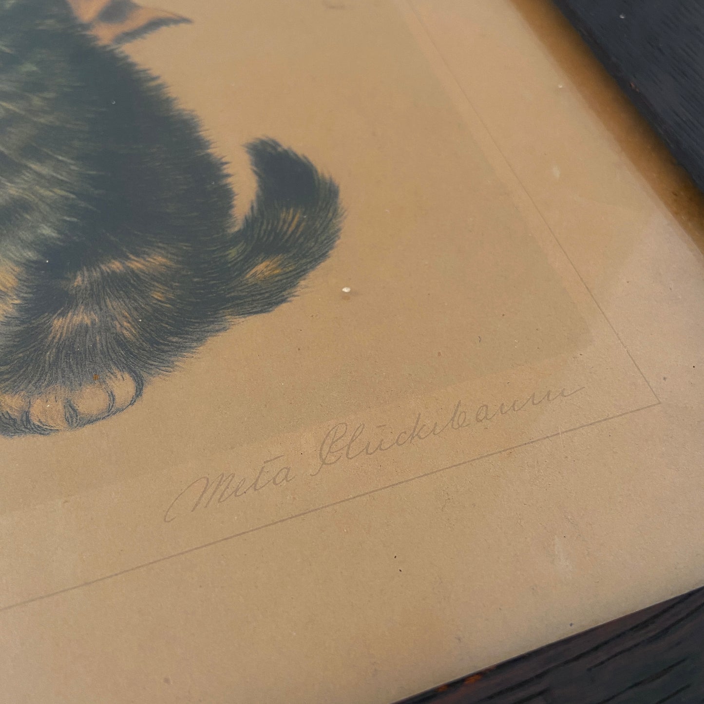 1920s Meta Pluckebaum Cat Lithograph in Original Wood Frame "Brother and Sister"