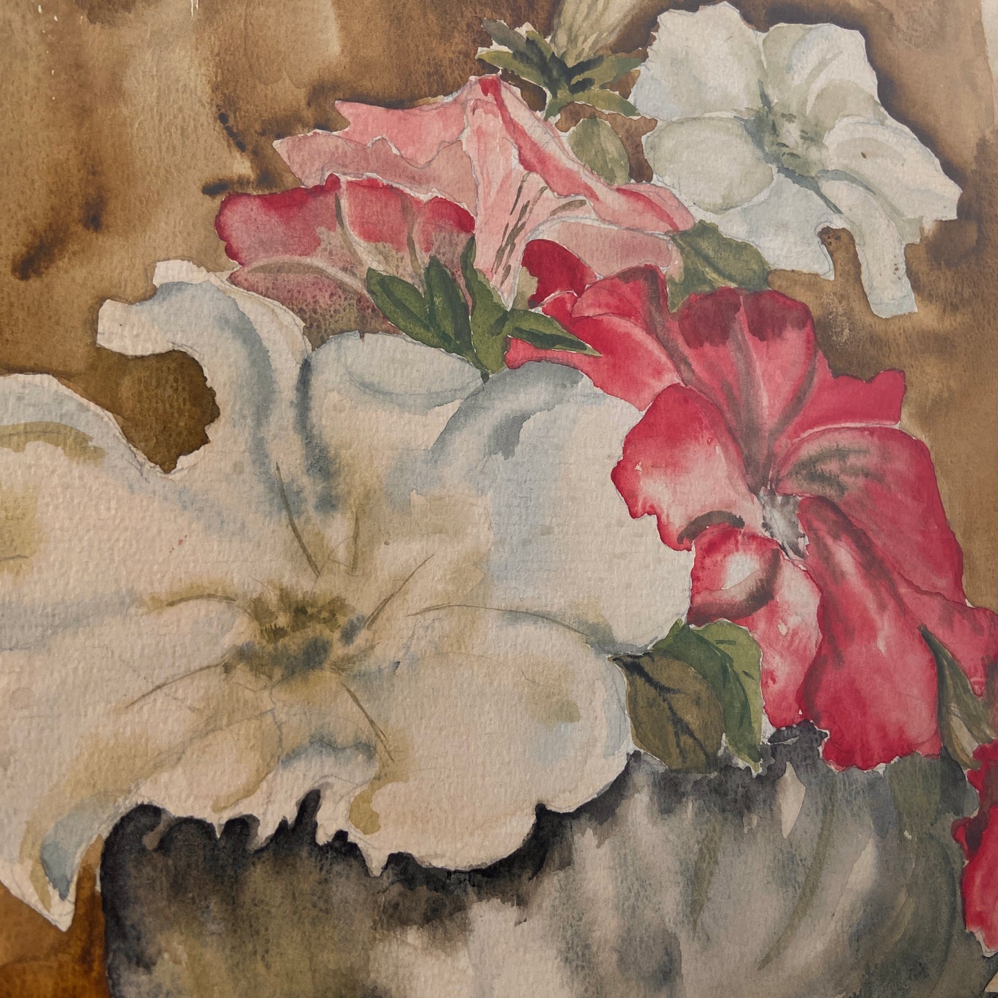 1940s Floral Still Life Watercolor Painting in Gold Frame