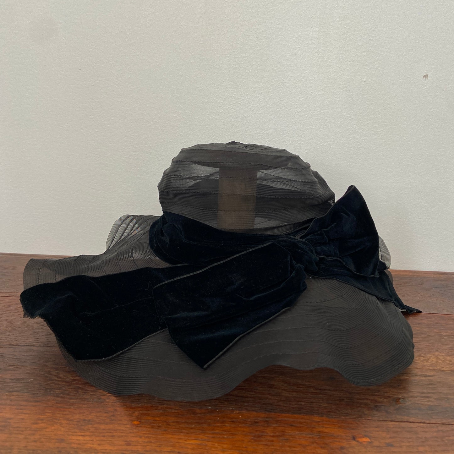 1940s Black Sheer Hat with Velvet Ribbon Bow