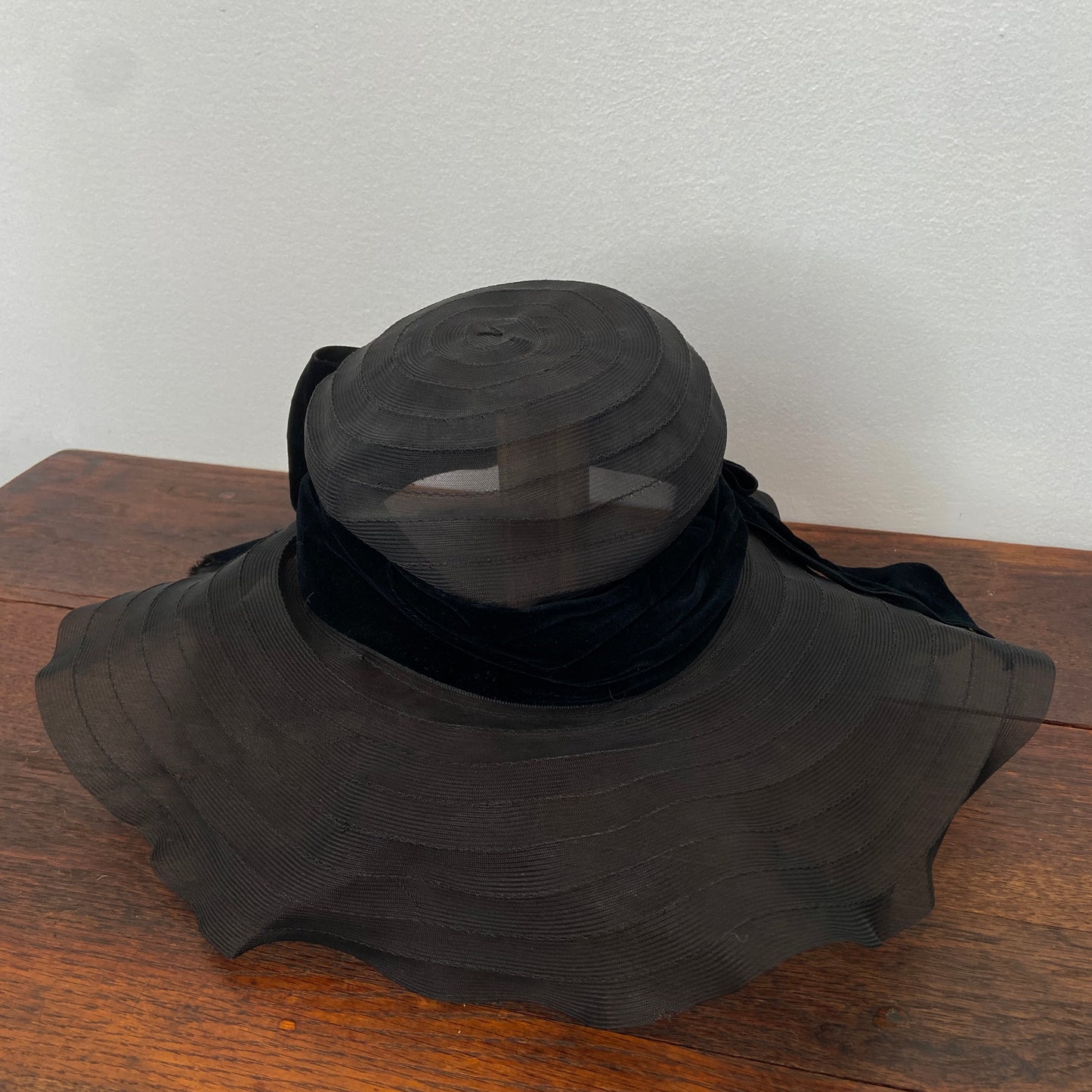 1940s Black Sheer Hat with Velvet Ribbon Bow