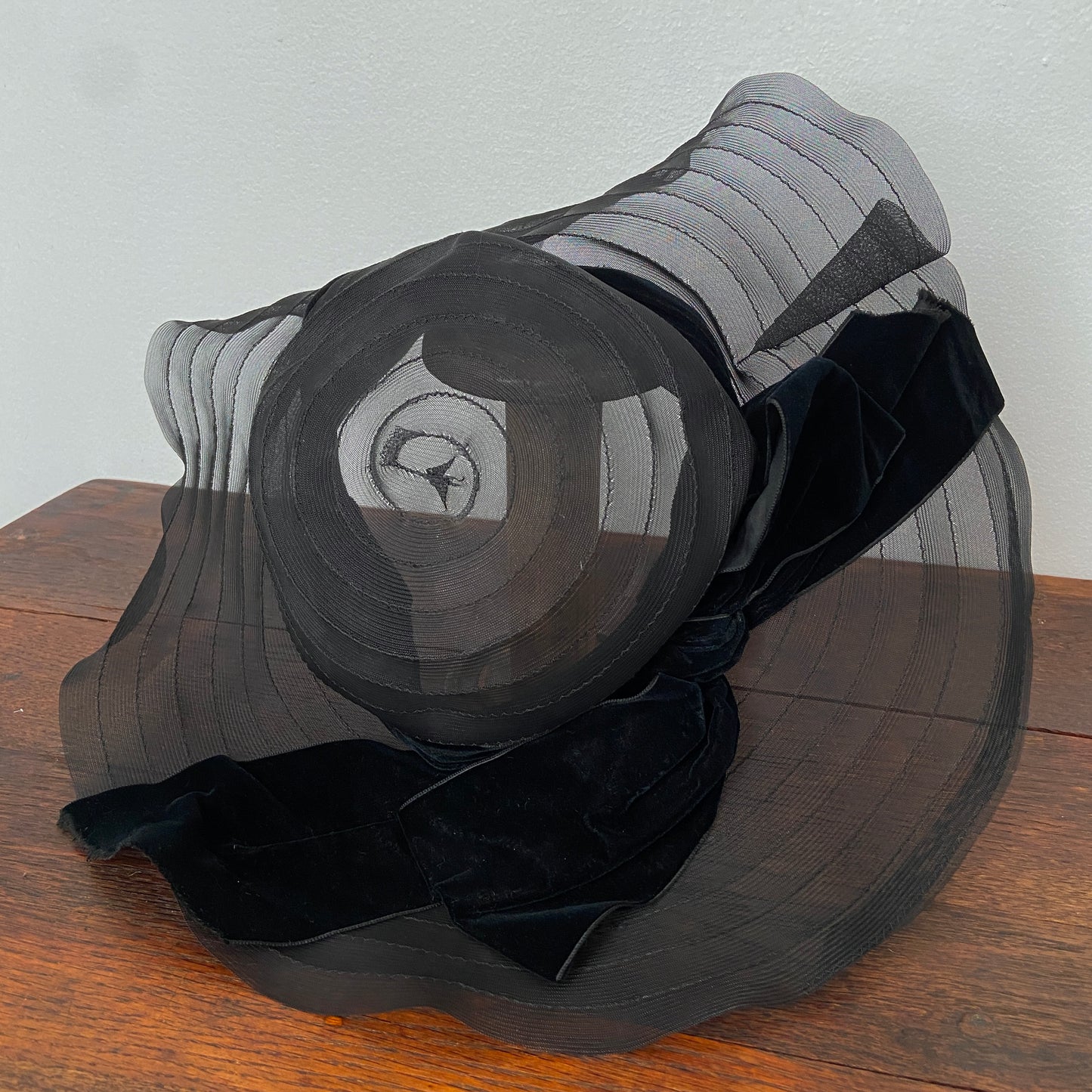 1940s Black Sheer Hat with Velvet Ribbon Bow