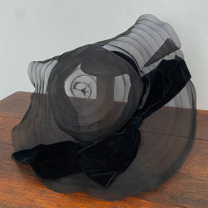1940s Black Sheer Hat with Velvet Ribbon Bow