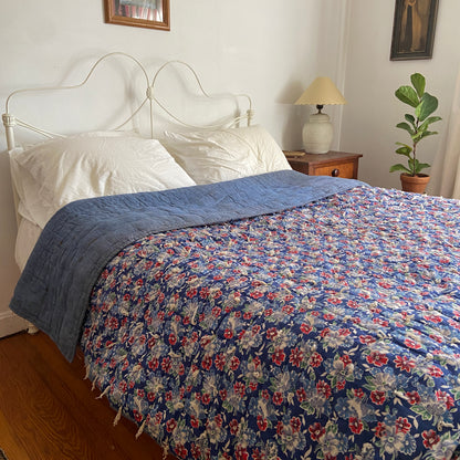 1930s 1940s Blue Floral Print Feed Sack Quilt