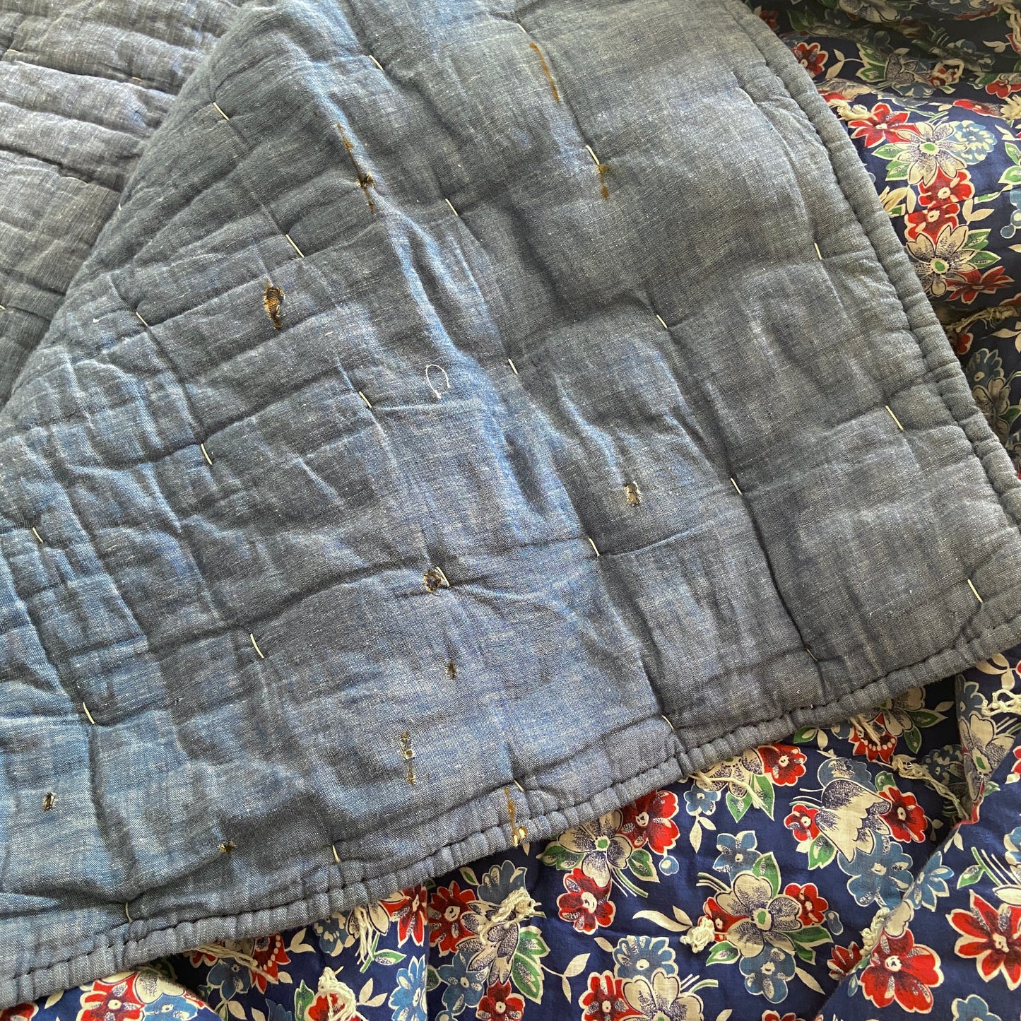 1930s 1940s Blue Floral Print Feed Sack Quilt